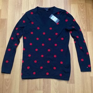 Tommy Hilfiger Navy Blue & Red Polkadots Sweater Long sleeves ￼Women Small NWT